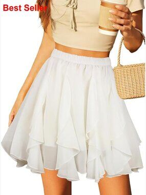 High Waisted Chiffon Flowy Ruffle Mini Skirt Casual Summer